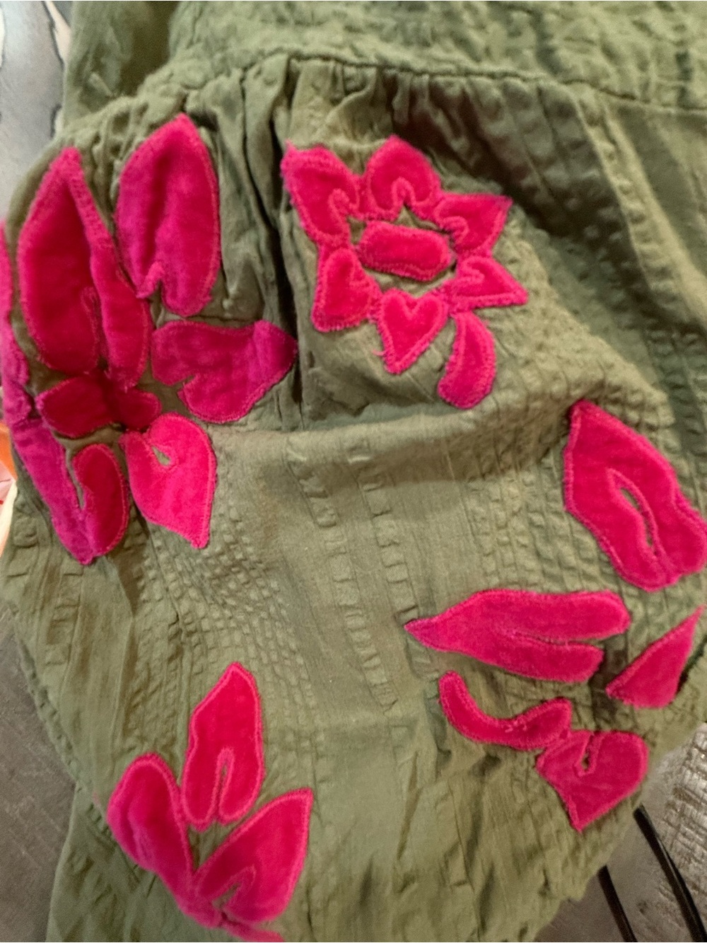 THML Olive Green Peasant Blouse with Velvet Magenta Appliqued Floral Sleeves - Picture 3 of 5